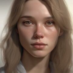 Obraz premium A highly detailed, hyper-realistic close-up portrait of an AI-generated human face. This digital artwork features lifelike skin textures, expressive eyes, and natural lighting.