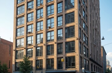 Fototapeta premium Sturdy brick building stands tall with lot of windows, representing commercial real estate. Urban cityscape stability, permanence, strength. Architecture with facade investment, durability,