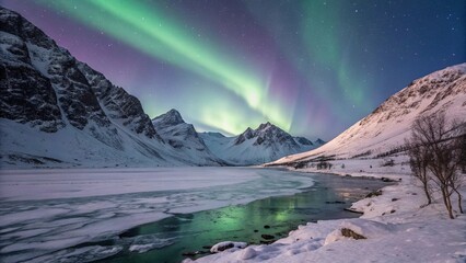 Aurora borealis, snowy mountains, frozen lake, starry night sky, green and purple lights, reflections in water, icy landscape, winter wonderland,