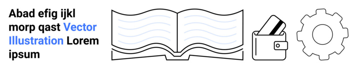 Open book with wavy lines, wallet holding cards, and gear for settings next to textual content. Ideal for education, finance, technology, reading, organization services settings. Landing page