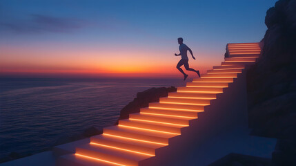 A man running up a glowing staircase after sunset