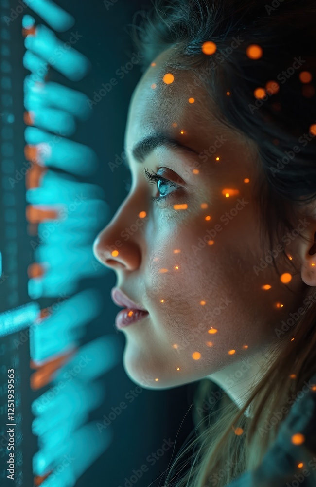 Aufkleber Portrait of young woman looking at code on screen. Face illuminated by artificial intelligence interface. Tech, innovation, neural network, coding, programming, machine learning concept.