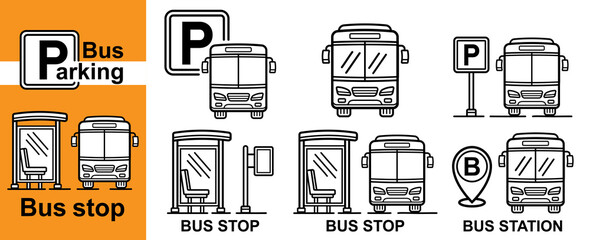 Bus stop auto parking station place, autobus public passenger transport shelter road sign, coach transportation park lot line icon. Tourist shuttle car arrival, street waiting zone. City trip. Vector