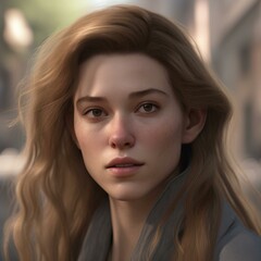 Naklejka premium A highly detailed, hyper-realistic close-up portrait of an AI-generated human face. This digital artwork features lifelike skin textures, expressive eyes, and natural lighting.
