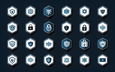 Collection of cybersecurity icons representing security, protection, and hacking prevention