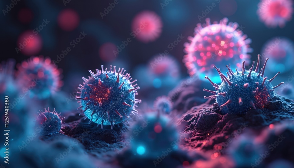 Aufkleber illustration of virus cells from microscopic view. illuminated by neon lights to enhance visual clar