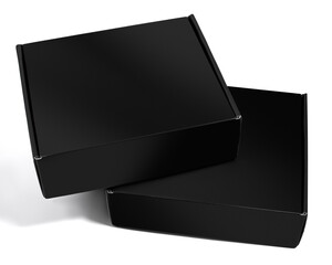 Black cardboard boxes on a white background, perfect for packaging, shipping, storage, and branding. Minimalist and modern design for various uses.