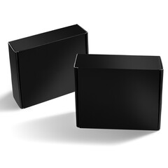 Black cardboard boxes on a white background, perfect for packaging, shipping, storage, and branding. Minimalist and modern design for various uses.