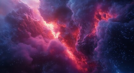 Stunning view of vibrant cosmic clouds illuminated by deep purples and fiery reds in outer space