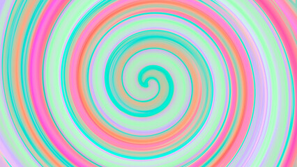 Groovy abstract background with pastel fluorescent rainbow multicolor gradient wave in light green cyan blue aquamarine orange magenta pink lilac. Swirling spiral shape pattern. Joyful summer design