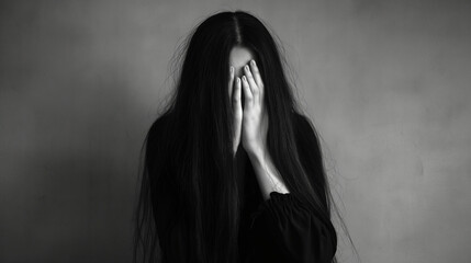 Young woman with long hair covering her face with her hands