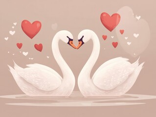 Fototapeta premium Two White Swans Facing Each Other With Red Hearts
