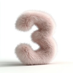 Fluffy light pink letter three in 3D rendering on a pure white background, ideal for modern designs and playful aesthetics