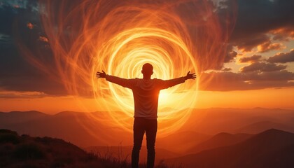 Silhouette of man standing with arms outstretched encompassed by swirling energy fields against dramatic sunset. Concept of spirituality, healing, meditation, connection with nature, alternative