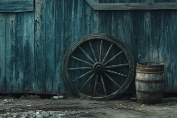 Obraz premium Rustic Charm: Wagon Wheel and Barrel Against Weathered Wooden Wall