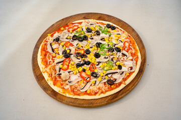 Traditional Turkish cuisine. Pizza, pita, pidesi, sucuk, hummus, kebab. Many dishes on the table. Serving dishes in restaurant. Mix, formaggi, veggie pizza. Top view, flat lay