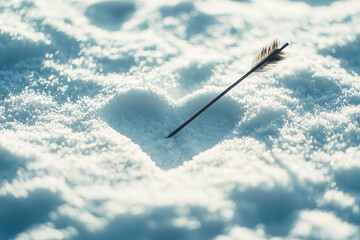 an arrow stuck in the snow with a heart-shaped trail, love concept