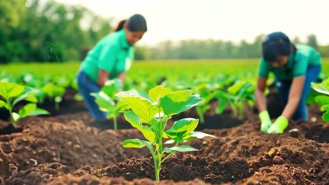 Young green plant growing in fertile soil with farmers working in the background on a sunny day. Agricultural field photography. Farming, gardening, and sustainability concept. Design for posters, ban