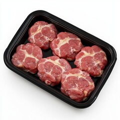 Fresh meat in a black container. A tray of six pieces of raw beef shank, showcasing rich red meat with marbled fat, ideal for hearty soups and stews.