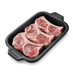 Fresh meat in a black container. Fresh pork chops neatly arranged in a black tray, ready for cooking or grilling.