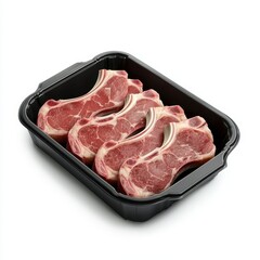 Fresh meat in a black container. A tray containing several raw, uncooked meat chops, showcasing their marbled texture and fresh appearance.