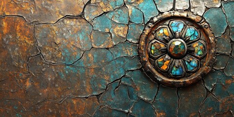 Fototapeta premium Decorative medallion inlaid within a distressed cracked stone surface