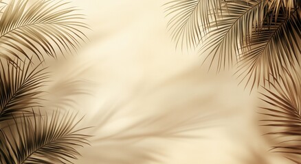 Obraz premium Tropical palm leaves cast shadows on a soft beige background in a warm, sunny setting
