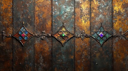 Decorative rusted metal panels with gemstones and ornate embellishments