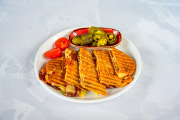 Traditional Turkish cuisine. Pizza, pita, pidesi, sucuk, hummus, kebab. Many dishes on the table. Serving dishes in restaurant. Mix, formaggi, veggie pizza. Top view, flat lay