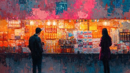 Captivating Night Scene at a Vibrant Storefront: Two Figures Amidst the Glow of City Lights