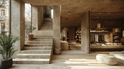 Boutique interior stairs, minimalist store, city view, sunlight