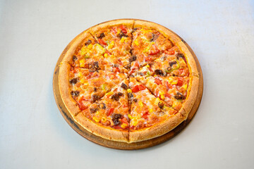 Traditional Turkish cuisine. Pizza, pita, pidesi, sucuk, hummus, kebab. Many dishes on the table. Serving dishes in restaurant. Mix, formaggi, veggie pizza. Top view, flat lay