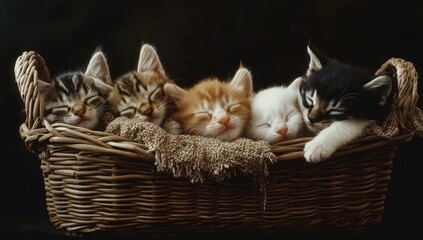 Four Adorable Kittens Napping Peacefully in a Wicker Basket