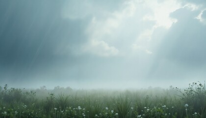 Misty field with flowers under cloudy sky and sunlight rays, serene nature, peaceful landscape, copy space