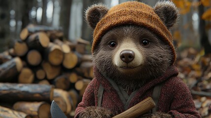 Charming Brown Bear Lumberjack in Autumn Forest