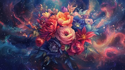 Colorful flower bouquet set against a backdrop of cosmic nebulas