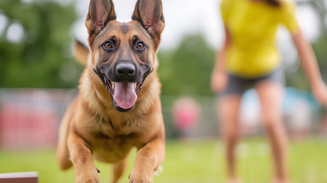 Professional female dog trainer guides Malinois in obstacle course leap during advanced training session outdoors