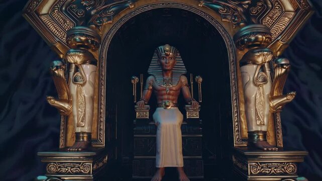 Golden royal statue portraying powerful seated pharaoh wearing ornamental headdress, resting on elaborate throne with intricate background emphasizing majestic egyptian ruler's status