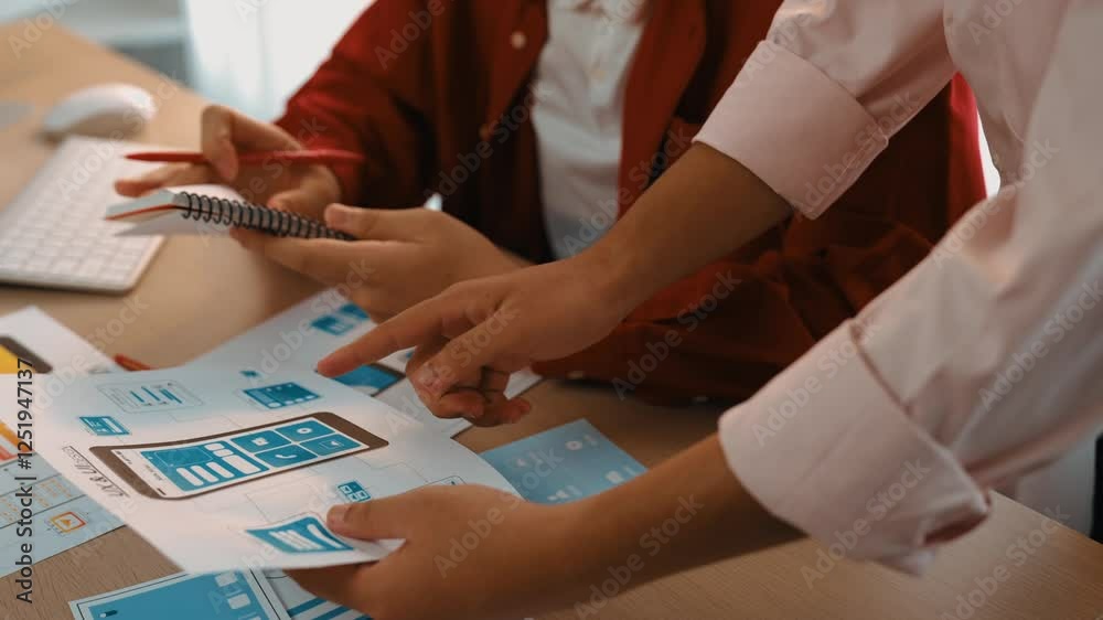 Poster panorama video of startup company employee planning on user interface prototype for mobile applicati