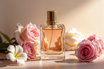 Classic perfume bottle with a golden sprayer, surrounded by soft flowers, roses and jasmine