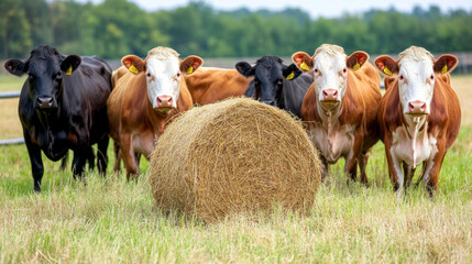 Cows grazing in an open field gathered around a round hay bale with gray blue fencing in the background under a clear sky