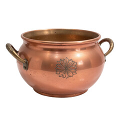 A copper bowl with brass handles and an etched flower design.  Cut out background.