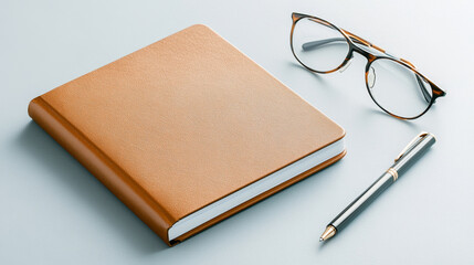 Fototapeta premium Hardcover planner with embossed details placed next to eyeglasses and a pen on a soft gray blue surface
