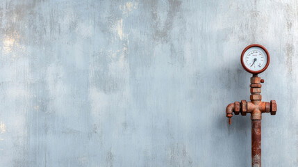 Large industrial pipe with pressure gauge against a gray blue background in a clean, professional setting for industrial use