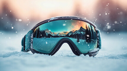 Designer Ski Goggles with Teal Rim Resting in Pristine Snow at Mountain Sunset