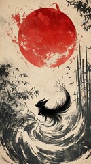 Black fox stands amidst bamboo with red sun background