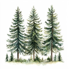 Obraz premium Watercolor painting of three evergreen trees with smaller trees and grass at their base, set against a white background.