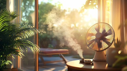 Air fan gently blowing air to cool a room with a view of a sunny outdoor patio