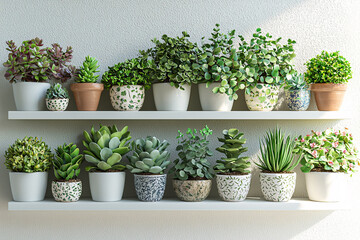 Fototapeta premium Potted succulents and foliage plants arranged on two white shelves against a textured neutral wall in bright light.