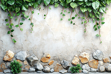 Naklejka premium Ivy cascading down a textured wall, with stones and small plants lining the base.